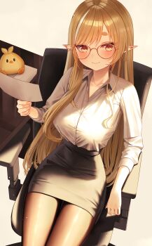 1girl absurdres black_skirt blonde_hair blush breasts buttons chair closed_mouth collared_shirt glitch_stars highres holding holding_paper kamogumi_(kanna_yanagi) kanna_yanagi long_hair menchi_rishio multicolored_hair office_lady on_chair pantyhose paper pointy_ears shirt sitting skirt streaked_hair virtual_youtuber white_hair white_shirt yellow_eyes