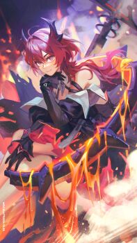 1girl absurdres arknights arknights:_endfield bare_shoulders black_dress black_gloves black_horns closed_mouth commentary_request demon_horns dress feet_out_of_frame gloves hair_between_eyes hair_intakes highres horns laevatain_(arknights) lava long_hair looking_at_viewer moca354 purple_eyes red_hair sitting smile solo surtr_(arknights) sword weapon