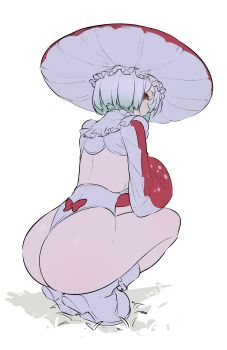 1girl absurdres ass back_bow bob_cut boots bow breasts collar fly_agaric frilled_collar frills full_body gradient_hair green_hair highleg highres leotard long_sleeves looking_at_viewer multicolored_hair mushroom mushroom_girl mushroom_girl_(hks) mushroom_hat neck_ruff original red_bow red_eyes short_hair sideboob spots squatting thighs timbougami white_boots white_hair white_leotard