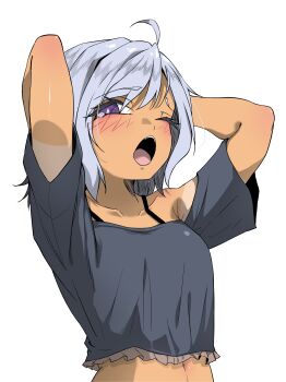 ahoge blue_hair breasts colored_skin commission curly_hair dark-skinned_female dark_skin ka-eli_xyovka kaybur_(series) mis_beee orange_skin purple_eyes shirt short_hair skyblue_hair small_breasts t-shirt tan