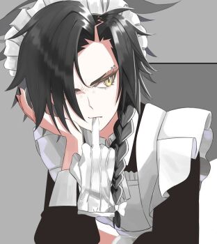 1girl air_shakur_(umamusume) alternate_costume apron black_dress black_hair black_nails bow braid closed_mouth commentary_request dress enmaided eyebrow_piercing face_piercing glove_in_mouth gloves grey_background hair_bow hair_over_one_eye long_hair maid maid_headdress moheji_(user_gywn2472) mouth_hold piercing simple_background solo umamusume white_apron white_bow white_headdress yellow_eyes