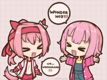 >_< 2girls :d animal_ears blue_overalls bow commentary crossover english_commentary gloves grey_background grid_background hairband haru_urara_(bestest_prize)_(umamusume) haru_urara_(umamusume) highres hood hood_down hooded_jacket horse_ears horse_girl horse_tail jacket long_hair long_sleeves multiple_girls ootori_emu open_clothes open_jacket open_mouth outline overalls pink_gloves pink_hair pink_hairband pink_jacket pink_shorts pink_trim ponytail project_sekai shimejimee shirt short_hair shorts smile speech_bubble tail trait_connection twitter_username umamusume white_bow white_jacket white_outline white_shirt wonderhoy xd yellow_shirt