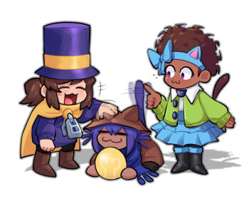 1other 2girls :3 a_hat_in_time animal_ear_hairband animal_ears animal_hat black_footwear blue_bow blue_hair blue_hairband blue_scarf blue_skirt blue_tail blush boots bow bow_hairband bow_kid brown_coat brown_footwear brown_hair brown_hat brown_tail cape cat_ears cat_hat child closed_eyes coat collared_shirt commentary crossover curly_hair dark-skinned_female dark_skin english_commentary fake_animal_ears green_jacket hair_tie hairband hannesfkr hat hat_kid hat_ribbon jacket light_bulb long_sleeves looking_at_another medium_hair multiple_girls niko_(oneshot) oneshot_(game) open_mouth ponytail purple_eyes purple_hat purple_jacket ribbon scarf shirt sidelocks skirt standing top_hat white_shirt yellow_cape yellow_ribbon zipper zipper_pull_tab