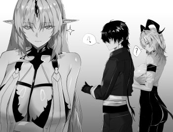 1boy 2girls ? absurdres arm_under_breasts armband ass bare_shoulders breasts closed_mouth collar commentary curled_horns english_commentary fleurdelys_(wuthering_waves) gloves greyscale hand_up high-waist_pants highres horns huge_breasts jacket large_breasts long_hair looking_at_viewer male_rover_(wuthering_waves) monochrome multiple_girls musical_note no_eyes no_jacket pants partially_shaded_face pointy_ears rover_(wuthering_waves) sidelocks single_horn sleeves_rolled_up smile spoken_musical_note spoken_question_mark tail tight_clothes tight_pants twentytwo_(twenty_zwei) very_long_hair wuthering_waves zani_(wuthering_waves)