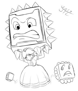 1girl angry crown dress earrings flower_earrings gloves highres holding jewelry jumping mario_(series) nervous nintendo princess_daisy puffy_short_sleeves puffy_sleeves short_sleeves spikes standing super_mario_land super_mario_world thwimp thwomp worried