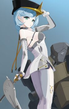 1girl absurdres aji_gohan aqua_eyes bare_shoulders blue_eyes blue_hair braid breasts clothing_cutout commentary_request elbow_gloves formal_clothes gloves highres humanoid_robot latex_pants long_hair looking_at_viewer mecha open_mouth robot seed_(zenless_zone_zero) seed_sr. simple_background stirrup_legwear suit thigh_cutout toeless_legwear white_gloves white_suit zenless_zone_zero