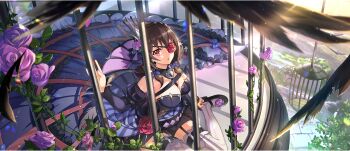 1girl :o between_breasts black_collar black_dress black_feathers black_shoes black_sleeves bow braid breasts brown_hair cage chest_strap cleavage collar crinoline crown crown_braid detached_collar detached_sleeves dress eyepatch falling_feathers feathers flower flower_eyepatch footwear_flower from_above game_cg garter_straps hair_bow hair_flower hair_ornament hand_up heart-shaped_lock high-low_dress high-low_skirt highres in_cage kono_subarashii_sekai_ni_shukufuku_wo! konosuba!_fantastic_days large_breasts lock long_dress long_hair looking_at_viewer looking_up low_twintails mary_janes official_alternate_costume official_art padlock padlocked_collar parted_lips pink_flower pink_rose pointed_crown purple_bow purple_dress red_eyes red_flower red_rose rose shoes sitting solo strapless strapless_dress sunlight thighhighs twintails two-tone_dress wariza white_thighhighs yunyun_(konosuba) zettai_ryouiki