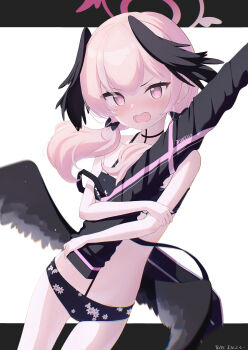 1girl absurdres bikini black_bikini black_wings blue_archive blush bolt_action breasts commentary_request feathered_wings gun halo head_wings highres holding koharu_(blue_archive) koharu_(swimsuit)_(blue_archive) looking_at_viewer low_wings medium_hair p14_enfield pink_eyes pink_hair pink_halo print_bikini red_halo rifle simple_background small_breasts swimsuit translation_request ultra_marine_blue weapon white_background winged_halo wings