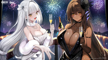 2girls absurdres aerial_fireworks alternate_costume black_dress black_hat blanc_(nikke) bowl bowl_hat breasts brown_hair champagne_bottle chinese_commentary cleavage closed_mouth commentary_request cup dark-skinned_female dark_skin dress drinking_glass fireworks goddess_of_victory:_nikke guest_art hair_intakes hair_ornament hairpin hat highres holding holding_cup incredibly_absurdres jewelry large_breasts long_hair looking_at_viewer medium_breasts mini_hat multiple_girls necklace night noir_(nikke) official_alternate_hairstyle official_art open_mouth outdoors reaching reaching_towards_viewer scarf second-party_source ship_deck smile standing twintails watermark white_dress white_hair white_scarf wine_glass
