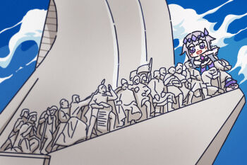 1girl 1other :d banner bing_huyue blush_stickers chest_jewel chibi cloud cloudy_sky commentary english_commentary flag gem gem_hair_ornament hair_flaps hand_jewel hat highres hololive hololive_english koseki_bijou koseki_bijou_(1st_costume) long_hair monument monument_of_the_discoveries open_mouth pebble_(koseki_bijou) pointing pointing_to_the_side polearm portugal purple_eyes purple_gemstone purple_hair real_world_location sailor_hat sculpture sky smile spear statue sword virtual_youtuber weapon