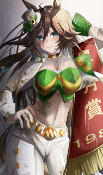 1girl ahoge animal_ears arm_up blue_eyes breasts brown_hair choker cleavage collarbone commentary_request cowboy_shot crop_top cropped_jacket dirty dirty_clothes dirty_face green_shirt groin hair_between_eyes hair_ornament hairclip hand_on_own_hip hat highres horse_ears horse_girl horse_tail jacket large_breasts light_blush long_hair long_sleeves looking_at_viewer midriff mini_hat mini_top_hat mr._c.b._(umamusume) navel open_clothes open_jacket pants parted_lips rain sash shirt sidelocks single_sleeve single_wrist_cuff smile solo standing strapless strapless_shirt tail top_hat umamusume wet white_hat white_jacket white_pants wrist_cuffs yellow_choker yume_30_31