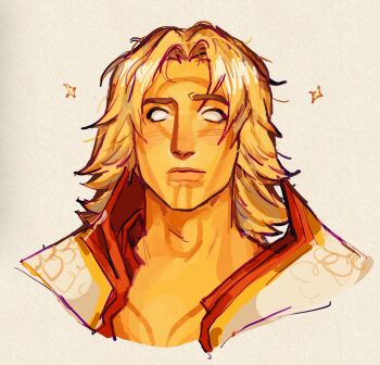 Rule 34 | 1boy, adam warlock, agntofasgrd, blonde hair, colored skin, commentary, english commentary, guardians of the galaxy, highres, male focus, marvel, marvel rivals, medium hair, no pupils, parted hair, portrait, sketch, solo, sparkle, white background, yellow skin