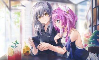 2girls absurdres alternate_costume arm_hug bare_shoulders black_shirt blue_eyes cafe cellphone closed_mouth cup cyrene_(aedes_elysiae)_(honkai:_star_rail) cyrene_(honkai:_star_rail) dress drinking_glass grey_hair hair_between_eyes hair_ornament highres holding holding_phone honkai:_star_rail honkai_(series) indoors juice long_hair missing_commentary multiple_girls phone pink_hair shirt smartphone smile stelle_(honkai:_star_rail) swkl:d trailblazer_(honkai:_star_rail) white_dress yellow_eyes