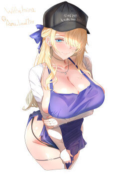 Rule 34 | 1girl, absurdres, amu (amu loud7777), baseball cap, bikini, black bikini, black hat, blonde hair, blue dress, blue eyes, blush, breasts, brown dust (series), brown dust 2, character name, cleavage, closed mouth, cropped legs, dress, embarrassed, eyebrows hidden by hair, grey background, hair between eyes, hair over one eye, hand on own arm, hat, highres, jewelry, large breasts, lips, long hair, looking at viewer, necklace, simple background, smile, solo, swimsuit, wilhelmina (brown dust)