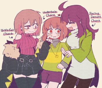 3girls blush brown_hair chara_(undertale) genderswap genderswap_(otf) highres jacket jewelry miniskirt mr0x0 multiple_girls necklace red_eyes skirt storyfell storyshift sweater undertale utdr_(toby_fox)