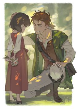 1boy 1girl alfyn_greengrass bag boots border brown_boots brown_hair brown_vest character_request child collarbone commentary_request dappled_sunlight dress flower grass green_jacket grey_eyes grin hand_on_own_knee headpat highres holding holding_flower jacket looking_at_another low_ponytail mary_janes mo_(user_jeyg3777) octopath_traveler octopath_traveler_i on_one_knee one_eye_closed pants ponytail red_dress shirt shirt_under_dress shoes short_ponytail shoulder_bag sleeveless sleeveless_jacket smile sunlight vest white_border white_pants white_shirt