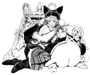 1girl animal basket bedroll boots bracelet camping commentary earmuffs english_commentary frying_pan full_body fur_trim greyscale hat hat_with_ears heo_sung-moo highres jewelry leaning_on_animal long_sleeves looking_at_viewer medium_hair mole mole_on_cheek monochrome original pig pleated_skirt resting sitting skirt sweater swept_bangs tail_raised thighhighs turtleneck turtleneck_sweater wavy_hair winter_clothes yokozuwari