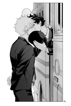 Rule 34 | 2boys, 9 a zq, absurdres, arms behind back, blush, boku no hero academia, buttons, commentary request, from side, gloves, greyscale, hat, highres, holding, holding unworn clothes, holding unworn hat, implied kiss, jacket, long sleeves, male focus, midoriya izuku, monochrome, multiple boys, necktie, short hair, spiked hair, standing, suit jacket, train, unworn hat, unworn headwear, yaoi