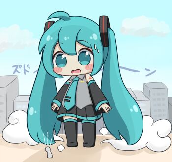 Rule 34 | 1girl, 1other, ahoge, bare shoulders, black boots, black skirt, black sleeves, blue eyes, blue hair, blue necktie, blush stickers, boots, building, chibi, chibi only, city, cloud, collared shirt, commentary request, day, detached sleeves, full body, giant, giantess, grey shirt, hatsune miku, highres, long hair, long sleeves, miniskirt, necktie, nukotun, number tattoo, open mouth, outdoors, pleated skirt, shirt, shoulder tattoo, skirt, sleeveless, sleeveless shirt, solo focus, standing, sweatdrop, tattoo, thigh boots, thighhighs, tie clip, translation request, twintails, very long hair, vocaloid, wide sleeves, zettai ryouiki