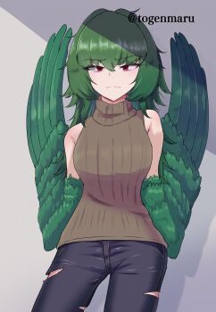 Rule 34 | 1girl, absurdres, bird girl, bird wings, black pants, breasts, brown sweater, character request, closed mouth, commentary request, copyright request, cowboy shot, crossed bangs, frown, green hair, grey background, harpy, highres, large breasts, medium hair, monster girl, pants, red eyes, ribbed sweater, sidelighting, simple background, sleeveless, sleeveless sweater, solo, split mouth, sweater, togenomaru, torn clothes, torn pants, twitter username, winged arms, wings