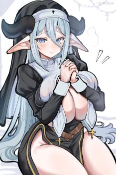 1girl artist_name belt black_dress blue_eyes blush breast_curtains breasts breasts_squeezed_together cleavage cleavage_cutout clothing_cutout coif commission covered_navel cross dress grey_hair habit hair_between_eyes hands_on_own_chest heart heart-shaped_pupils hood horns huge_breasts lips long_hair mole mole_under_eye no_panties noiretox nun original own_hands_clasped pelvic_curtain pointy_ears praying sitting smile solo straight_hair symbol-shaped_pupils white_background wimple