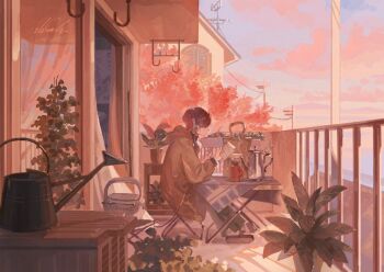 androgynous balcony black_hair brown_coat brown_sandals chair cloud coat coffee_mug coffee_pot commentary_request crossed_legs cup curtains day folding_chair folding_table from_side headphones highres holding holding_paper house mug open_door original outdoors paper plant potted_plant power_lines railing reading sandals scenery shigre short_hair signature sitting sliding_doors socks solo stereo string_of_light_bulbs table tablecloth utility_pole watering_can white_socks