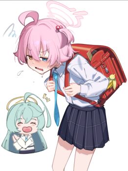 2girls ahoge alternate_hairstyle backpack bag black_skirt blue_archive blue_eyes blue_necktie blush collared_shirt green_hair hair_between_eyes hair_bobbles hair_ornament halo heterochromia highres hoshino_(blue_archive) hoshino_(first_year)_(blue_archive) huge_ahoge long_hair miniskirt multiple_girls necktie nose_blush one_side_up orange_eyes pink_hair pink_halo plaid_clothes plaid_skirt pleated_skirt randoseru red_bag shirt skirt suppa_(hagakuresuppa) very_long_hair white_shirt yellow_halo yume_(blue_archive)