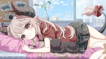 Rule 34 | 1girl, :3, animal, black cat, black skirt, blue sky, blurry, blurry foreground, blush, bow, braid, brown bow, brown eyes, brown hair, brown shirt, bulletin board, candle, cat, closed mouth, cloud, commentary, commission, curtains, day, depth of field, english commentary, flower, hair over shoulder, hand up, highres, horns, indoors, long hair, looking at viewer, on bed, original, pillow, pleated skirt, seero, shirt, short sleeves, skirt, sky, skyline, solo, tail, tail bow, tail ornament, transparent, twin braids, vase, very long hair, white flower, window