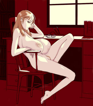 1girl arm_support armchair barefoot bookshelf breasts breasts_on_lap casual_nudity chair desk feet female_focus female_pubic_hair francine_(daijaemon) glasses hanging_breasts head_rest hip_bones huge_breasts indoors inkwell inverted_nipples long_hair long_legs looking_at_viewer morph nipples nude orange_hair original pen profile pubic_hair room sagging_breasts sitting solo third-party_edit unworn_eyewear
