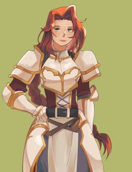1girl armor braid breastplate breasts charmwitch fire_emblem fire_emblem:_path_of_radiance fire_emblem:_radiant_dawn green_eyes highres long_hair looking_at_viewer medium_breasts nintendo red_hair smile solo titania_(fire_emblem) white_armor