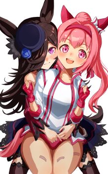 Rule 34 | 2girls, absurdres, amamoru 21, animal ears, arms around waist, bandaid, bandaid on leg, bare shoulders, black thighhighs, blue dress, blue flower, blue hat, blue rose, blush, bow, breasts, brown hair, buruma, closed mouth, commentary request, dress, ear bow, ear covers, fingerless gloves, flipped hair, flower, flower-shaped pupils, flower in eye, fur choker, gloves, hair over one eye, haru urara (bestest prize) (umamusume), haru urara (umamusume), hat, hat flower, headband, highres, horse ears, horse girl, horse tail, jacket, long hair, looking at viewer, multiple girls, off-shoulder dress, off shoulder, open mouth, pink buruma, pink eyes, pink hair, pink headband, ponytail, purple eyes, red buruma, red gloves, red headband, rice shower (rosy dreams) (umamusume), rice shower (umamusume), rose, sheath, sheathed, shirt, simple background, small breasts, smile, symbol-shaped pupils, symbol in eye, tail, teeth, thighhighs, tilted headwear, umamusume, upper teeth only, white background, white jacket, white shirt