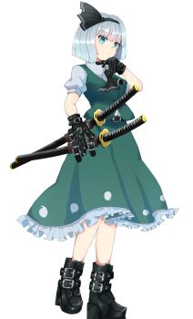Rule 34 | aqua eyes, ascot, black ascot, black boots, black bow, black gloves, black hairband, bob cut, boots, bow, buttons, closed mouth, commentary request, dinotodon, frilled skirt, frills, ghost print, gloves, green skirt, green vest, hairband, hand on own chin, highres, holding, holding sword, holding weapon, konpaku youmu, short hair, short sleeves, simple background, skirt, sword, touhou, vest, weapon, white background, white hair
