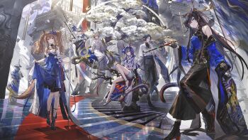 1boy 4girls absurdres alternate_costume ambience_synesthesia angelina_(ambience_synesthesia_2025)_(arknights) angelina_(arknights) animal_ears arknights bird black_dress black_hair black_pants black_shoes blaze_(arknights) blue_dress blue_eyes breasts brown_eyes brown_hair brown_tail cat_ears ch'en_(arknights) dress hair_between_eyes highres holding holding_smoking_pipe horns jacket kieed leg_up long_bangs multiple_girls official_art palace pants platform_shoes pointy_ears purple_hair second-party_source shirt shoes shorts shu_(arknights) shu_(bingwenyuyou)_(arknights) sitting skirt_hold small_breasts smile smoking_pipe standing standing_on_one_leg tail tree white_dress white_jacket white_shirt white_shorts zuo_le_(arknights)