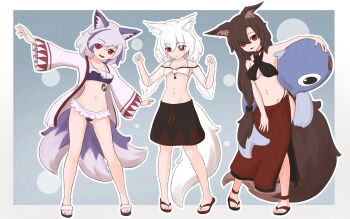 3girls absurdres alternate_costume animal_ear_fluff animal_ears bikini bikini_top_only black_skirt breasts brown_hair commentary commission dog_ears dog_girl dog_tail english_commentary flip-flops frilled_bikini frills full_body grey_hair highres holding imaizumi_kagerou inubashiri_momiji jewelry kokowoch long_hair looking_at_viewer medium_breasts medium_hair missing_headwear mitsugashira_enoko multicolored_hair multiple_girls multiple_tails navel necklace pendant purple_bikini purple_streaks red_eyes red_sarong red_skirt sandals sarong see-through_clothes see-through_sleeves skirt sling_bikini_top small_breasts stomach streaked_hair swimsuit tail toes touhou two-tone_skirt very_long_hair white_bikini wolf_ears wolf_girl wolf_tail
