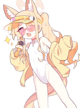 1girl absurdres animal_ear_fluff animal_ears blonde_hair blue_archive breasts chuya clothing_cutout commentary_request covered_navel cross_halo diamond_cutout fox_ears fox_girl fox_tail halo highleg highleg_one-piece_swimsuit highres holding holding_microphone jacket long_hair microphone official_alternate_costume official_alternate_hairstyle one-piece_swimsuit orange-tinted_eyewear orange_eyes seia_(blue_archive) seia_(swimsuit)_(blue_archive) side_ponytail simple_background sleeves_past_fingers sleeves_past_wrists small_breasts solo sunglasses swimsuit tail tinted_eyewear visor_cap white_background white_one-piece_swimsuit yellow_halo yellow_jacket yellow_visor