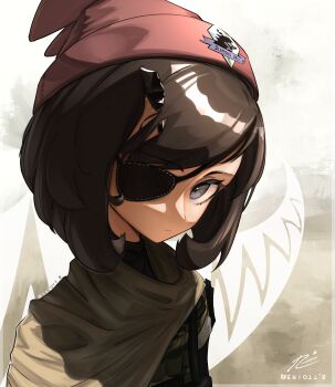 Rule 34 | 1girl, absurdres, artist logo, black hair, cosplay, crossover, diamond dogs, eriott, eyepatch, grey eyes, highres, horns, logo, looking at viewer, metal gear (series), metal gear solid v: the phantom pain, military uniform, nintendo, pokemon, pokemon sm, red headwear, selene (pokemon), signature, single horn, venom snake, venom snake (cosplay)