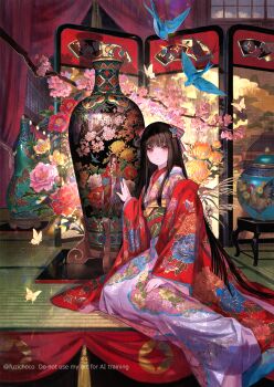 1girl artist_name bird black_hair blue_bird branch bug butterfly camellia camellia_print cherry_blossom_print cherry_blossoms chrysanthemum chrysanthemum_print commentary_request eshi_100_nin_ten floral_print floral_print_kimono flower flower_request fuzichoco hair_ribbon hand_up haori highres indoors insect iris_print japanese_clothes kimono leaf_print light_particles long_hair long_sleeves looking_at_viewer maple_leaf_print original parted_lips peony_(flower) peony_print pink_flower pink_kimono print_kimono red_flower red_haori ribbon shippou_(pattern) sitting solo striped_ribbon twitter_username two-tone_ribbon vase wide_sleeves wispy_bangs wisteria_print yellow_flower