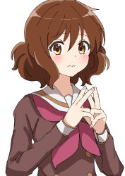 Rule 34 | 1girl, absurdres, brown hair, fluffy hair, hibike! euphonium, highres, kun7 chacha, looking at viewer, medium hair, nervous, oumae kumiko, own hands together, school uniform, solo, white background, yellow eyes