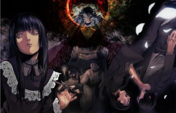 black_hair brown_eyes character_request dress fatal_frame fatal_frame:_mask_of_the_lunar_eclipse gauss_&lt;bokashi haibara_ayako holding holding_scissors japanese_clothes lips long_hair multiple_boys multiple_girls open_mouth scissors short_hair