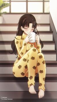 1girl artist_name barefoot blurry blurry_background blush brown_hair casual closed_eyes closed_mouth coffee coffee_mug commentary_request cup drinking_glass eyelashes fate/stay_night fate_(series) fingernails hair_down highres holding holding_cup indoors long_hair long_sleeves loungewear mug nail_polish paid_reward_available pajamas parted_bangs plant potted_plant sitting sitting_on_stairs solo stairs steam sunlight toes tohsaka_rin twitter_username waking_up window xkzan yellow_pajamas