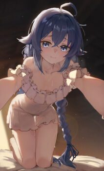 1girl ahoge all_fours bare_legs bare_shoulders barefoot blue_eyes blue_hair blush breasts closed_mouth crossed_bangs dress frilled_dress frills haimaotuanzi hair_between_eyes highres long_hair looking_at_viewer mushoku_tensei off-shoulder_dress off_shoulder pussy_juice reaching reaching_towards_viewer roxy_migurdia small_breasts solo steaming_body white_dress