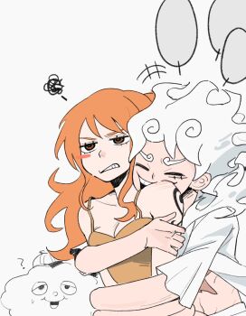 +++ 1boy 1girl ? arm_around_waist bare_shoulders blush_stickers brown_eyes camisole closed_eyes cloud collarbone commentary devil_fruit_power elasticity english_commentary facial_scar gear_fifth hat highres hug hug_from_behind long_hair mini_hat monkey_d._luffy nami_(one_piece) one_piece open_clothes open_mouth open_shirt orange_hair parted_lips scar scar_on_cheek scar_on_face shirt shoulder_tattoo sidelocks smile spaghetti_strap squiggle sweatdrop tattoo tonimoon transformation upper_body wavy_hair white_hair white_shirt zeus_(one_piece)