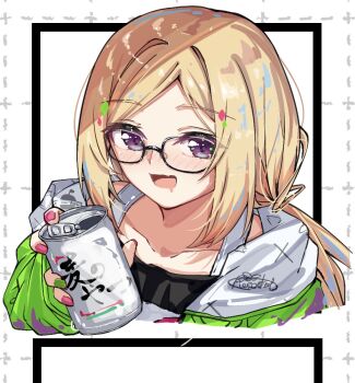 1girl aki_rosenthal aki_rosenthal_(gaming_casual) black-framed_eyewear blonde_hair can glasses green_nails highres holding holding_can hololive low_twintails multicolored_nails nail_polish official_alternate_costume open_mouth pink_nails purple_eyes smile solo twintails u_da_desu virtual_youtuber