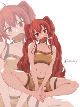 Rule 34 | 1girl, absurdres, ahoge, alternate hairstyle, arms between legs, bare arms, bare shoulders, barefoot, bike shorts, bikini, black hairband, boned meat, breasts, brown bikini, brown shorts, collarbone, crossed bangs, eris greyrat, food, food in mouth, full body, hairband, highres, indian style, knees apart feet together, legs, long hair, looking at viewer, meat, medium breasts, midriff, mushoku tensei, navel, orange eyes, red eyes, red hair, shorts, simple background, sitting, small breasts, solo, swimsuit, thigh strap, toes, twintails, twitter username, very long hair, white background, yanmyhony, zoom layer