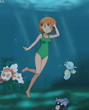 1girl absurdres ahoge alternate_hairstyle armpit_crease barefoot breasts casual_one-piece_swimsuit clenched_hand collarbone covered_navel eyelashes fankifalu feet feet_up female_focus fingernails floating full_body gen_1_pokemon goldeen green_eyes green_one-piece_swimsuit gym_leader hair_down hand_up happy highres horsea legs medium_hair misty_(pokemon) neck nintendo ocean one-piece_swimsuit orange_hair outdoors pokemon pokemon_(creature) pokemon_frlg shellder size_difference small_breasts smile swimming swimsuit thighs toes underwater