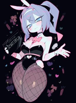 1girl animal_ears bare_arms black_background black_choker black_leotard blue_eyes blue_hair blush bow bowtie breasts brown_pantyhose choker closed_mouth clothing_cutout commentary cropped_legs detached_collar double-parted_bangs english_commentary fake_animal_ears fishnet_pantyhose fishnets hair_between_eyes hair_intakes hair_ornament hairband hands_up hatsune_miku heart heart_cutout highres holding holding_sign large_breasts leotard looking_at_viewer medium_hair navel navel_cutout pantyhose pink_bow pink_bowtie playboy_bunny rabbit_ears rabbit_hole_(vocaloid) sign smile solo strapless strapless_leotard thick_thighs thighs twintails usa37107692 vocaloid white_hairband x_hair_ornament