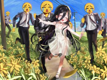 1girl 5boys absurdres aris_(blue_archive) black_hair black_jacket black_necktie black_pants blue_archive blue_sky blush_stickers day dirt dress emoji flower hair_between_eyes highres jacket kagana_helsuki long_hair meme multiple_boys necktie outdoors outstretched_arms pants path road sandals sky uohhhhhhhhh!_(meme) utility_pole white_dress yellow_flower