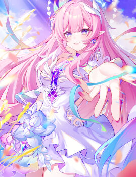 1girl absurdres aqua_hair breasts closed_mouth cowboy_shot cyrene_(demiurge)_(honkai:_star_rail) cyrene_(honkai:_star_rail) diamond-shaped_pupils diamond_(shape) dress earrings halo highres honkai:_star_rail honkai_(series) jewelry long_hair looking_at_viewer m_youyu_y medium_breasts multicolored_hair offering_hand pink_hair pointy_ears purple_eyes reaching reaching_towards_viewer smile solo symbol-shaped_pupils very_long_hair white_dress white_hair