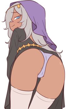 1girl ass blue_eyes breasts casytay commission dark-skinned_female dark_skin grey_hair highres loli long_hair looking_at_viewer original panties pixiv_commission simple_background small_breasts smile solo thighhighs underwear white_background white_thighhighs