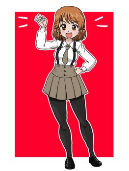 Rule 34 | 1girl, arm up, black pantyhose, black shoes, bonple school uniform, breasts, brown eyes, brown hair, brown necktie, brown skirt, collared shirt, girls und panzer, girls und panzer saishuushou, hand on own hip, hand up, maiko's driver, necktie, open mouth, pantyhose, red background, school uniform, shirt, shoes, short hair, skirt, smile, suspender skirt, suspenders, takahashi kurage, white shirt